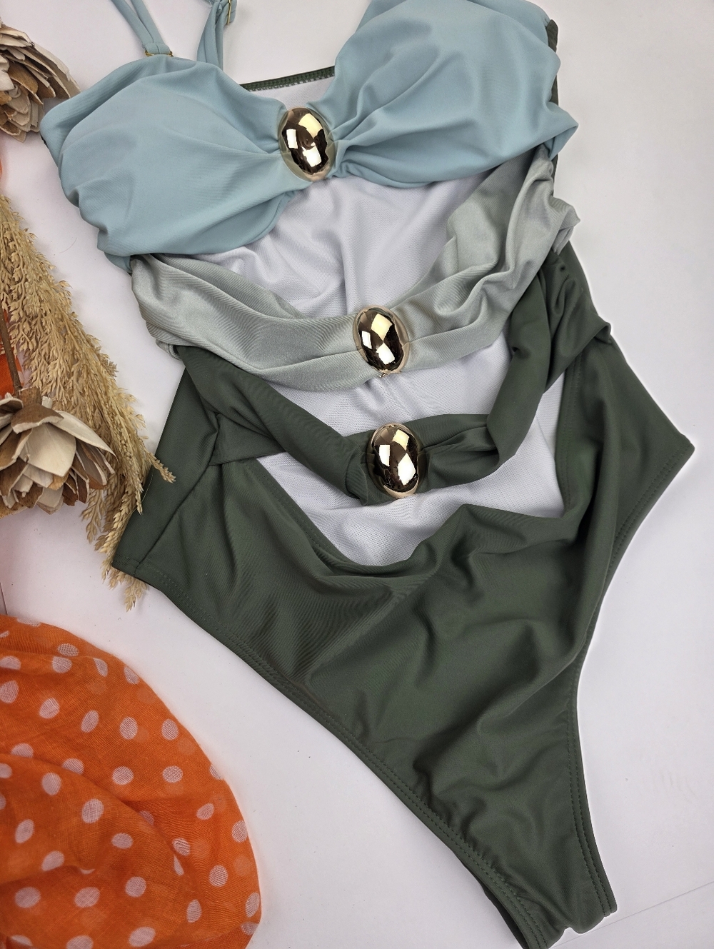 Stacked One-Piece Swimsuits with Gem Accents - Sage, Mint, Olive Sz L - Picture 7 of 16